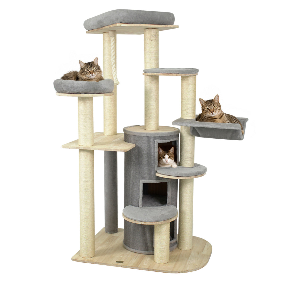 A tall cat tree with a central condo, several padded platforms, and three cats resting at different levels.