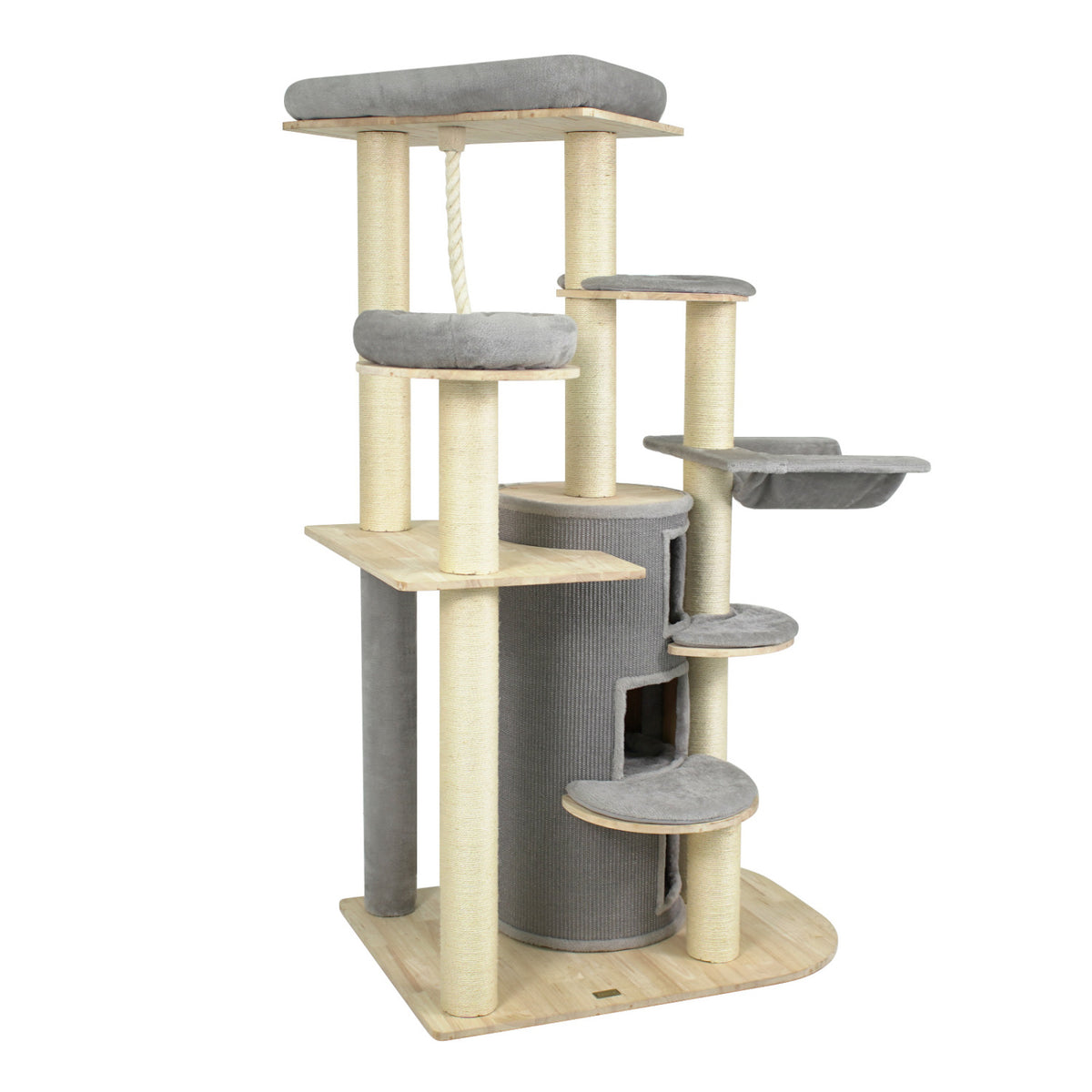An angled view of the cat tree shows its padded platforms, central condo, scratching posts, and hammock.