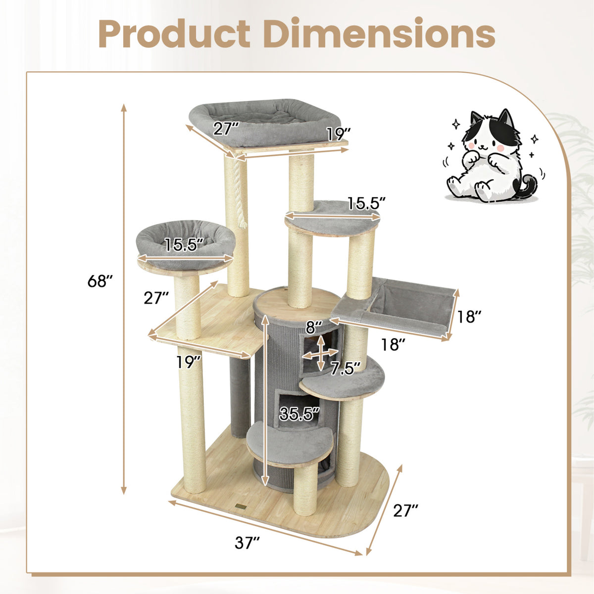 A multi-level cat tree with platforms, beds, a hammock, and arrows marking its dimensions.