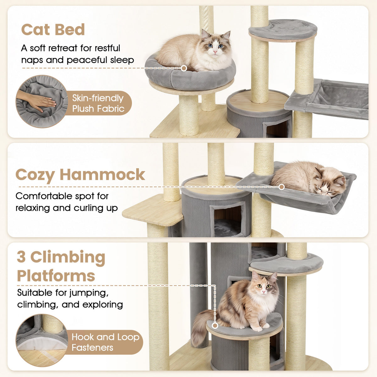 Three close-up views show cats using a round bed, a hammock, and a climbing platform on the cat tree.