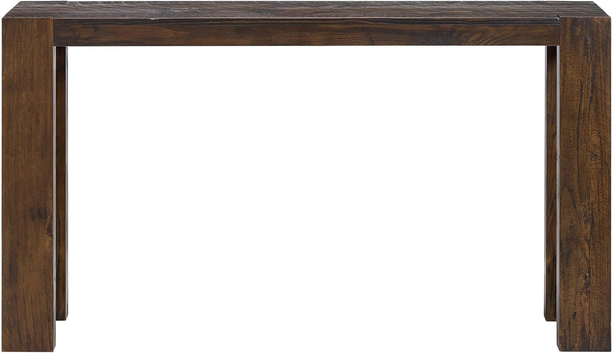 Straight-on front view of the console table showing its thick rectangular top and blocky legs.