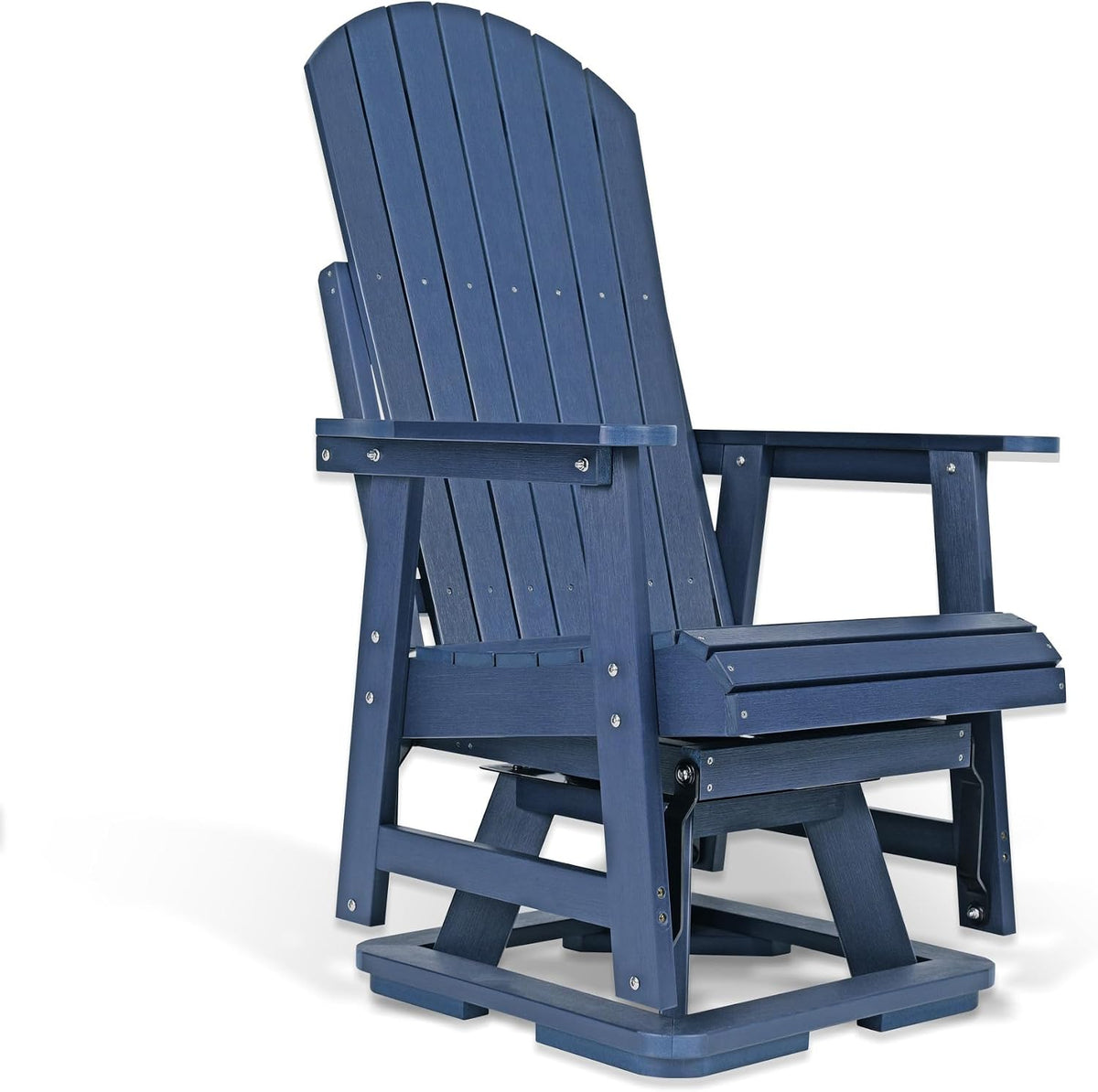 Right-side three-quarter view of the same chair in navy blue, showing armrest edge and base detail