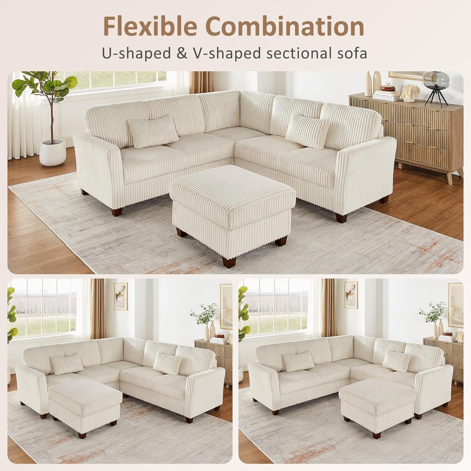 Beige corduroy sectional arranged in a U-shaped combination with ottoman in front showing flexible layouts