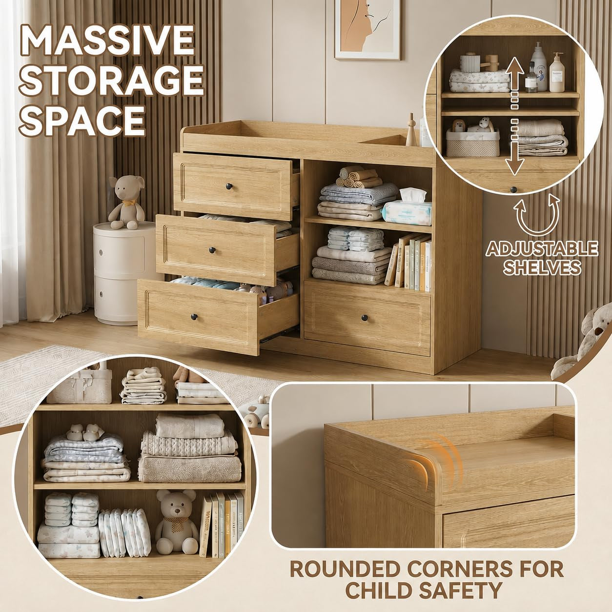 Collage showing drawers open, stocked adjustable shelves, and a close-up of the table's rounded top corner.