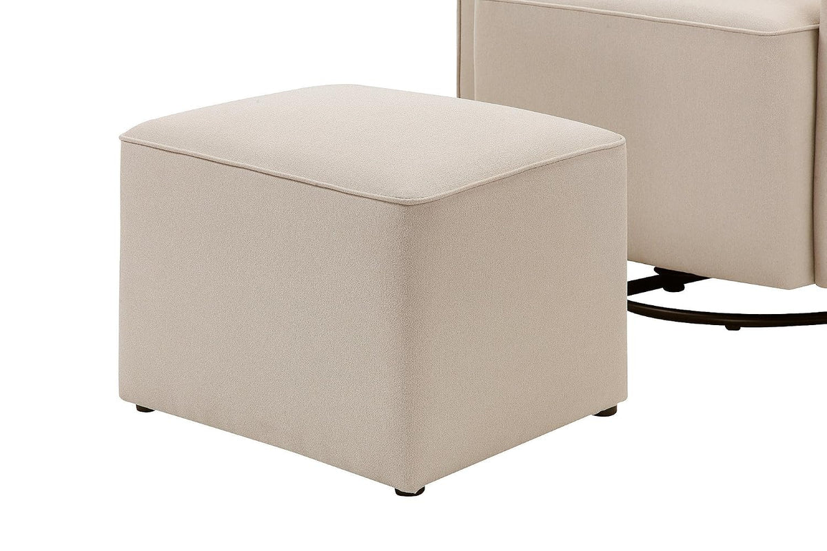 Cream rectangular storage ottoman next to the matching glider chair showing piped top