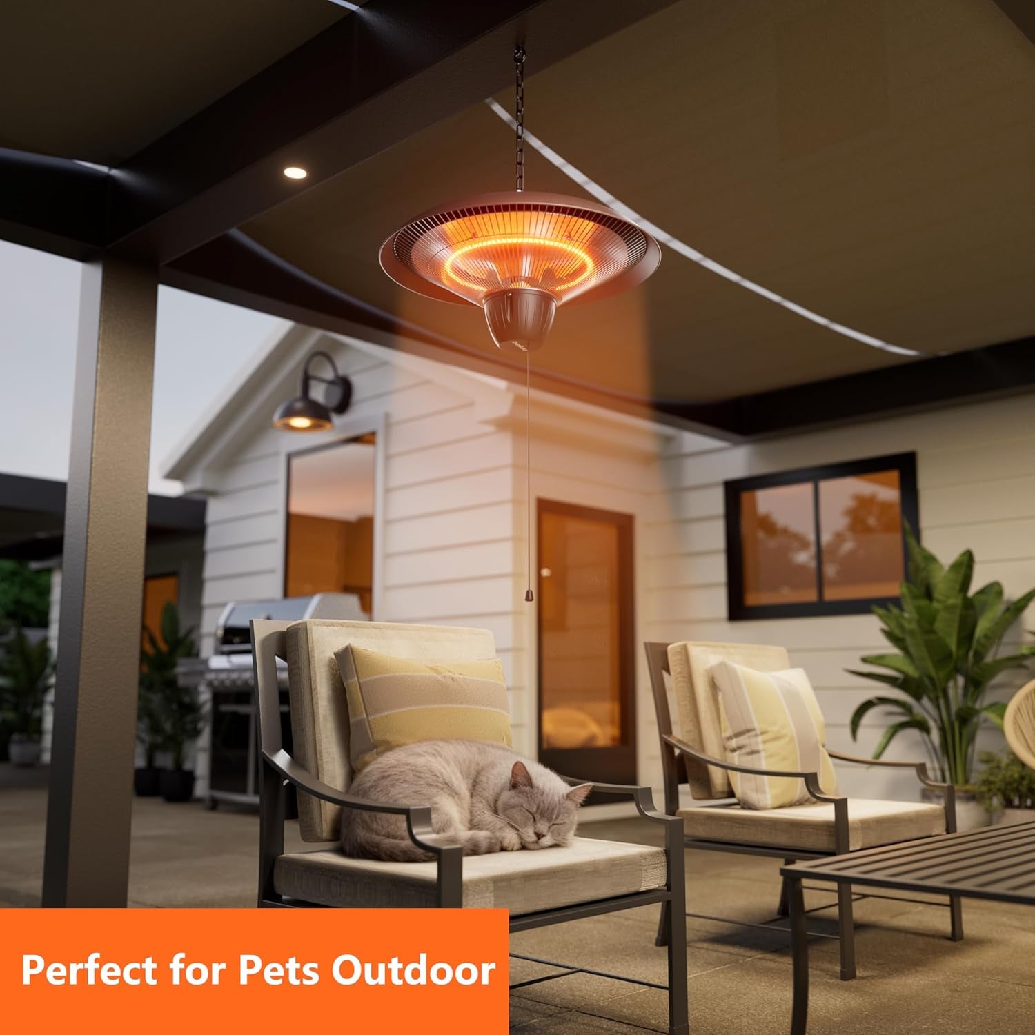 Outdoor seating area with the hanging heater on and a cat sleeping on a cushioned chair beneath it