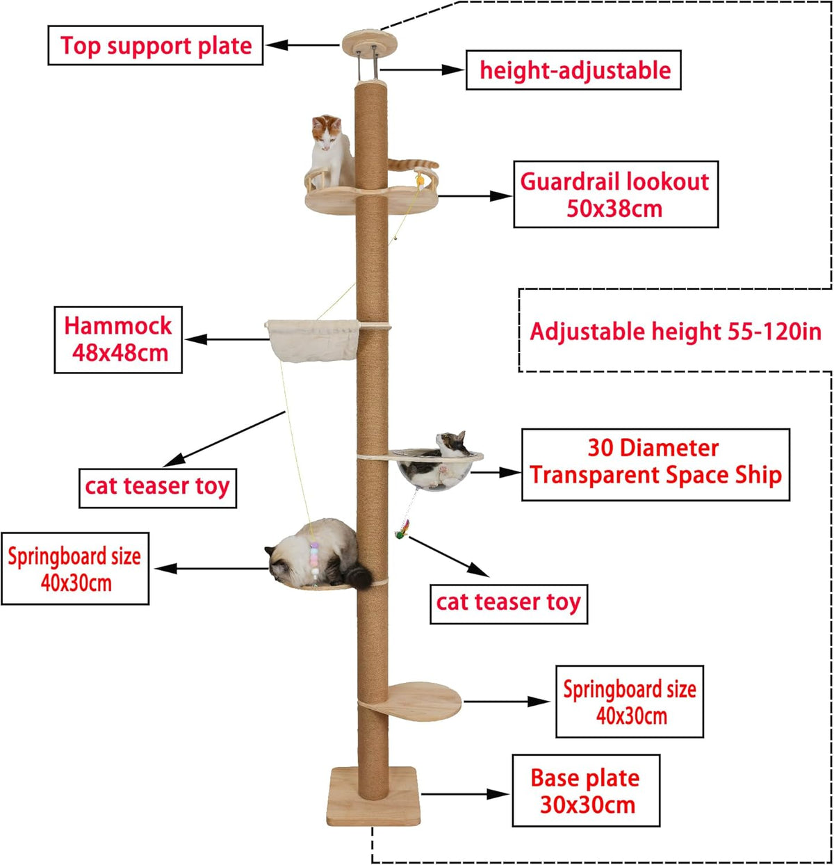 Diagram of the beige cat tree with labeled dimensions and callouts for hammock size, lookout perch, transparent capsule and