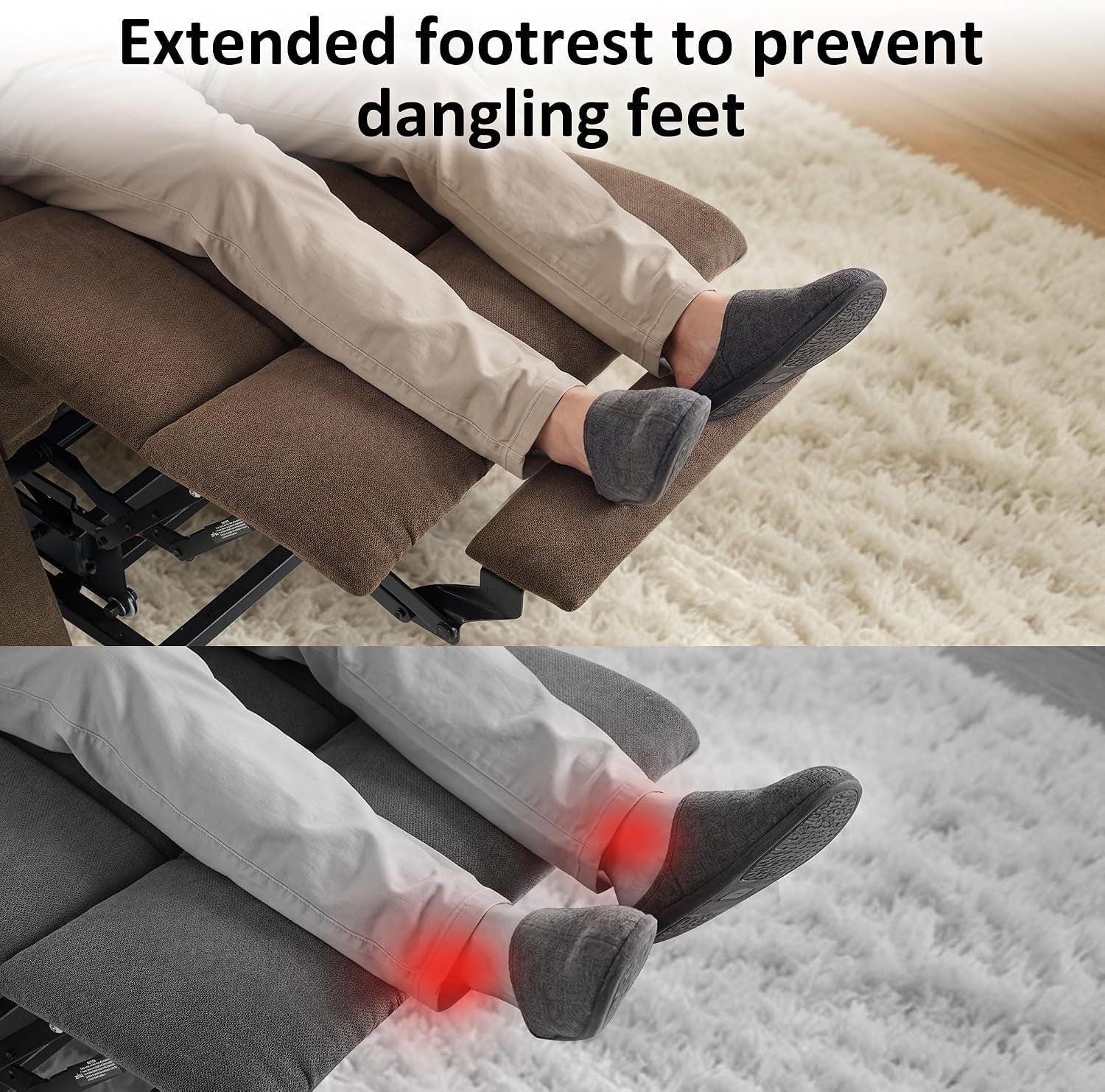 Close-up of extended footrest with legs resting on padded sections and red highlights at ankles