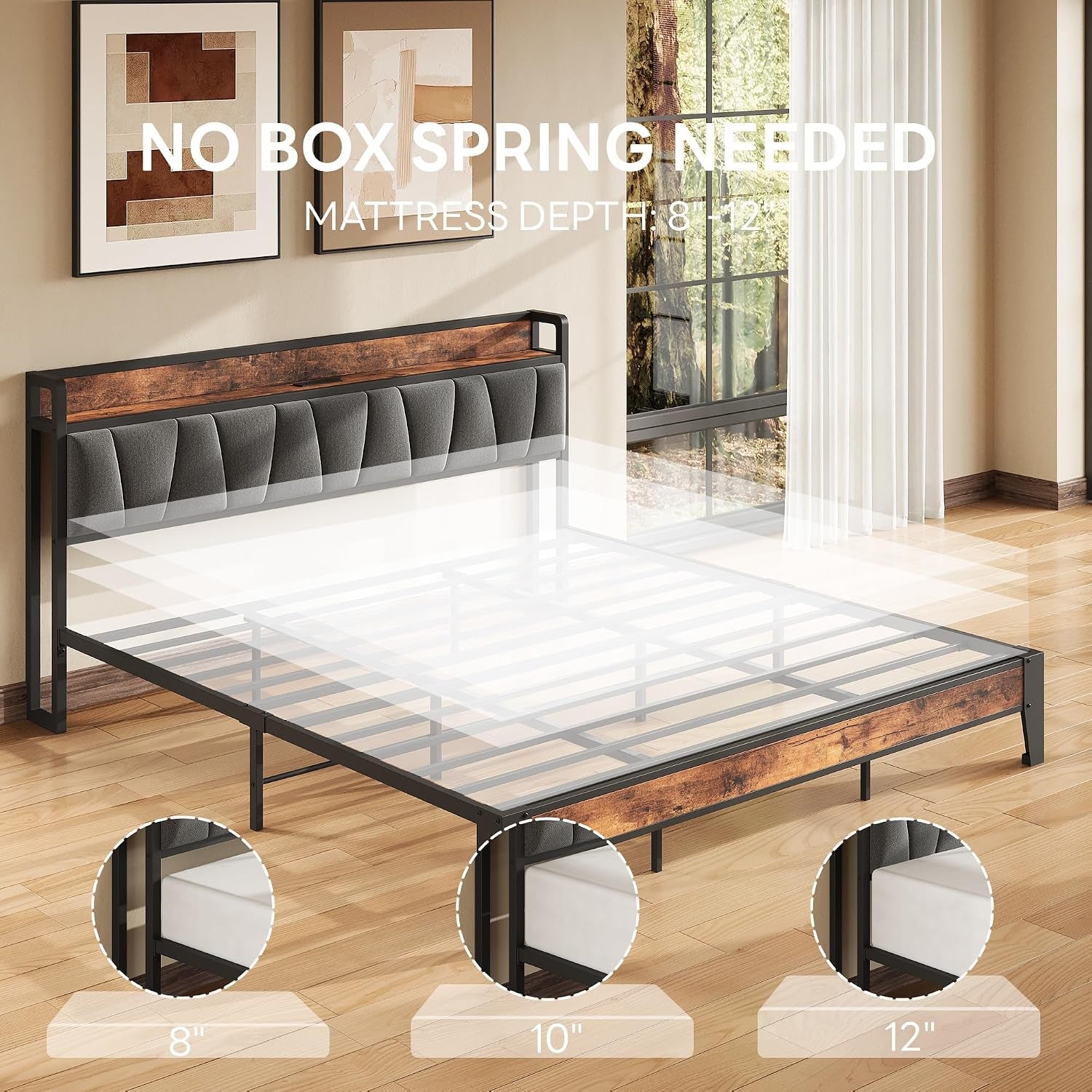 Graphic showing 'No box spring needed' with mattress depth callouts and a view of the metal slat frame