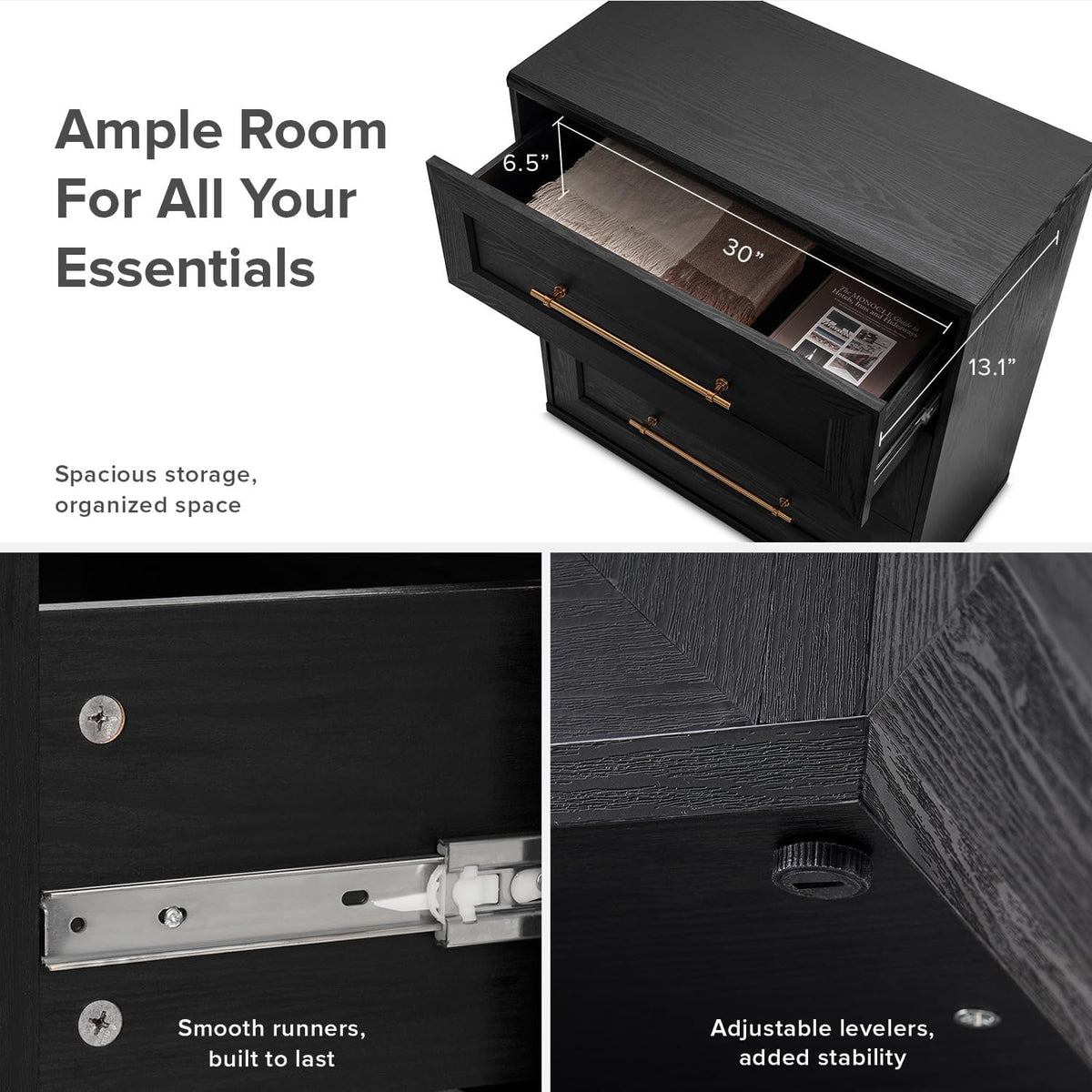 Top-down view of an open top drawer showing interior space with additional close-ups of runners and adjustable leveler