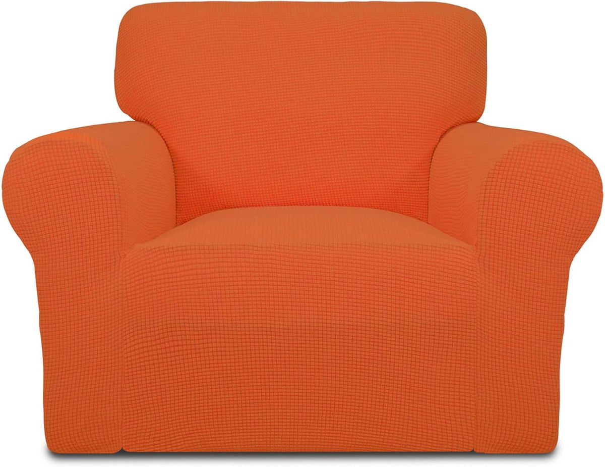 Front view of a single armchair wrapped in a bright orange textured slipcover, showing rounded arms