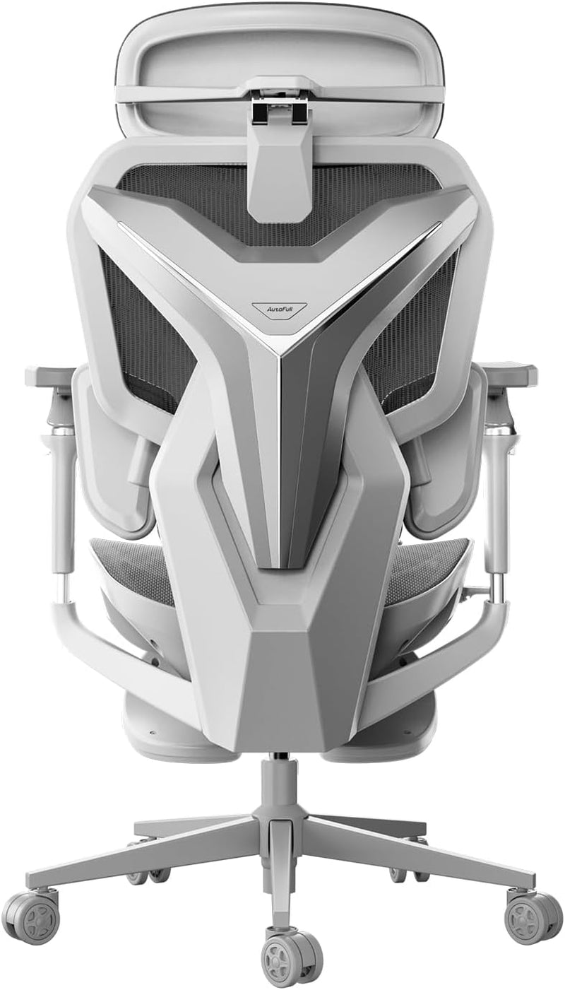 Rear view of white mesh-back gaming chair showing lumbar frame, adjustable headrest and five-star caster base