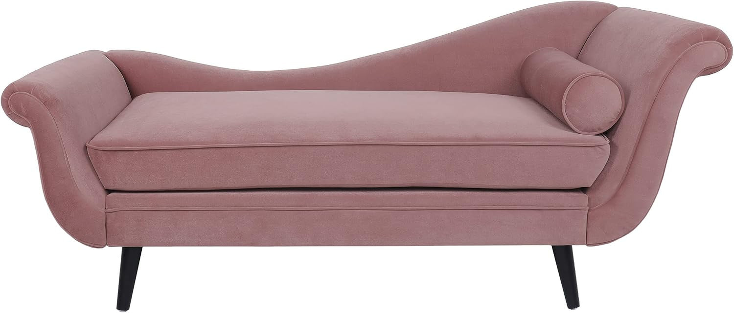 Front view of a pink velvet chaise lounge with rolled arms, single cushion and bolster pillow.