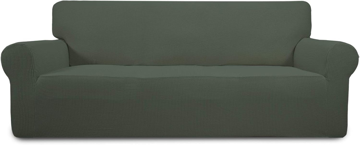 Front view of a loveseat dressed in a muted gray-green textured stretch slipcover.