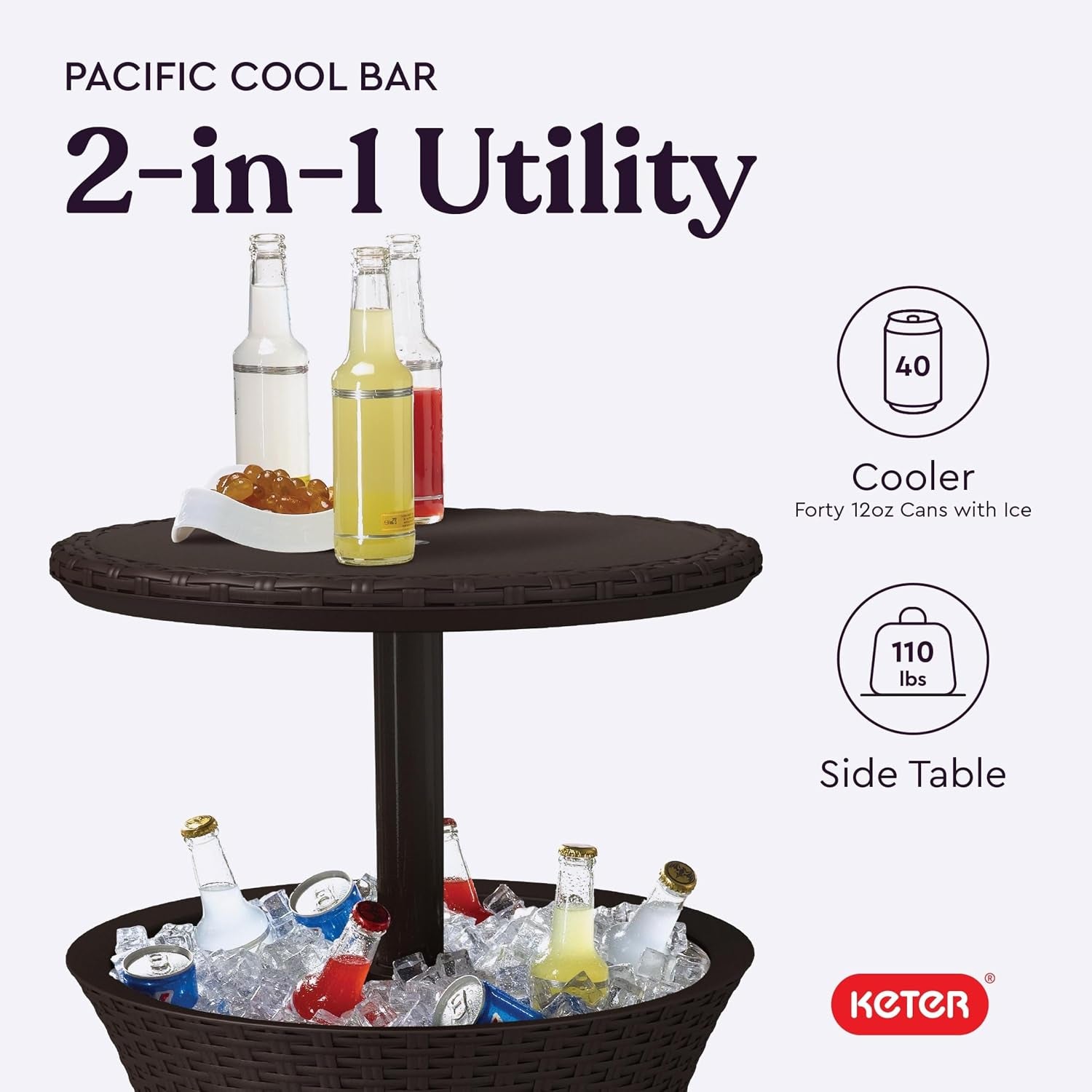Marketing image showing cooler filled with ice and bottles and icons noting 40-can capacity and 110 lb capacity