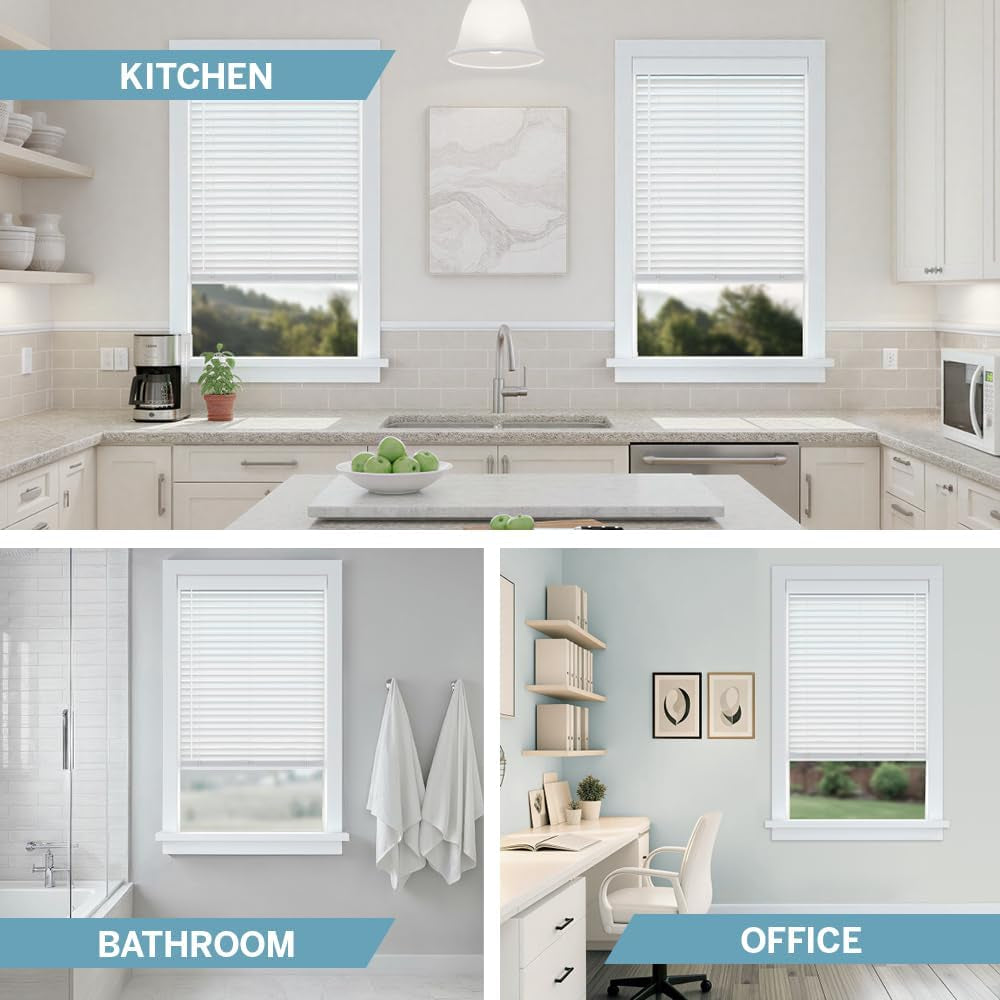 Three-pane lifestyle collage showing white faux wood blinds installed in kitchen, bathroom, and office settings.