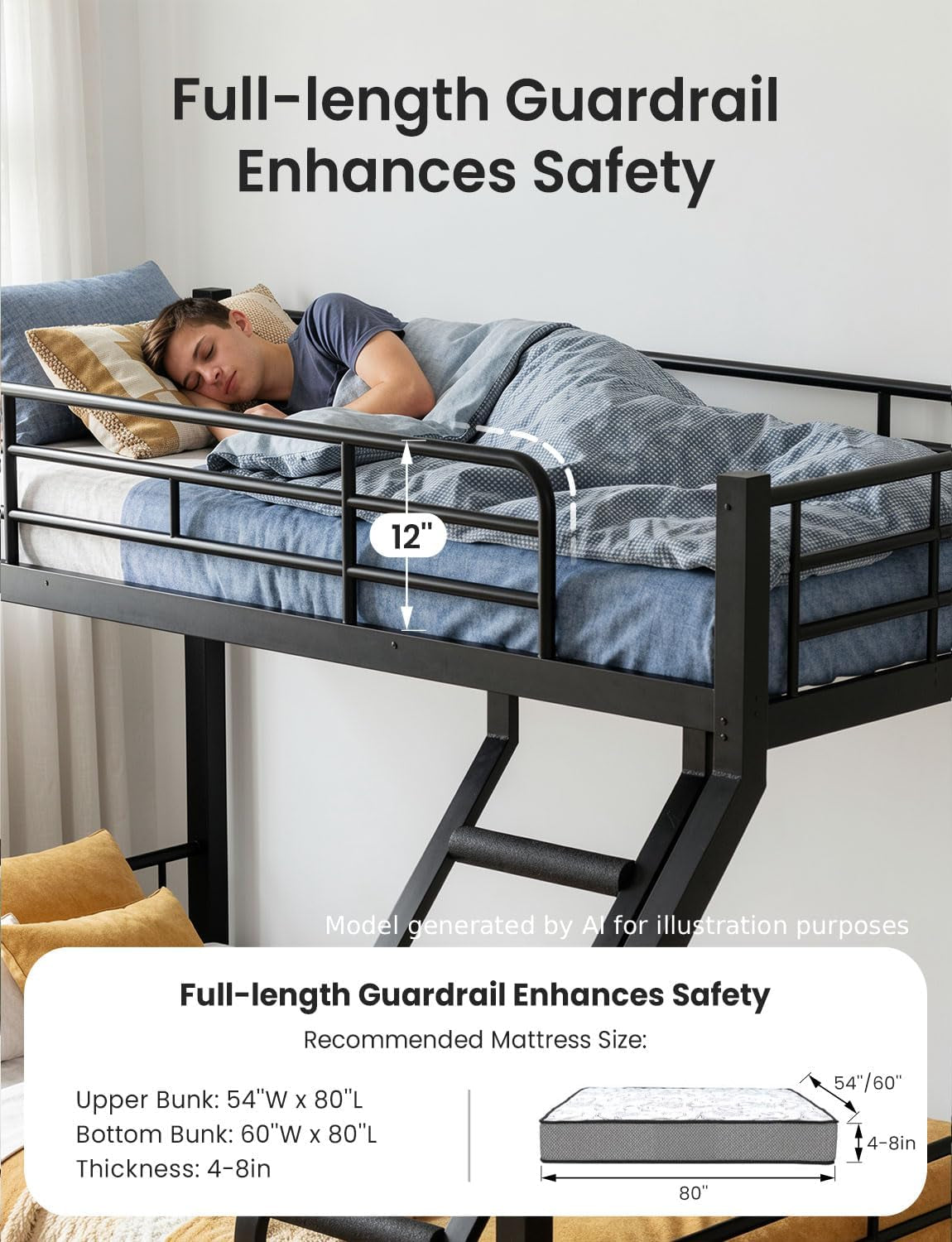 Close view of the top bunk with full-length guardrail and a person sleeping, and the angled ladder visible at the foot.