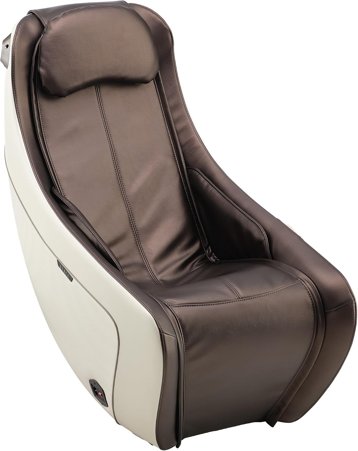 Studio side view of the massage chair with dark brown seat upholstery and cream outer shell.