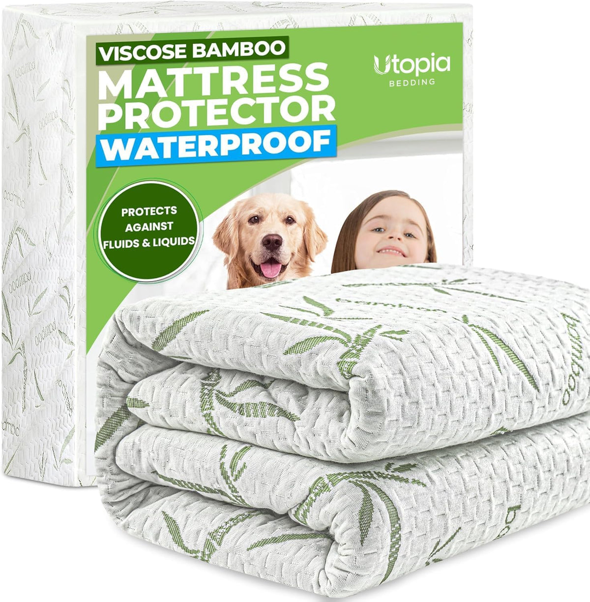 Stacked white mattress protector with green bamboo print alongside retail box packaging