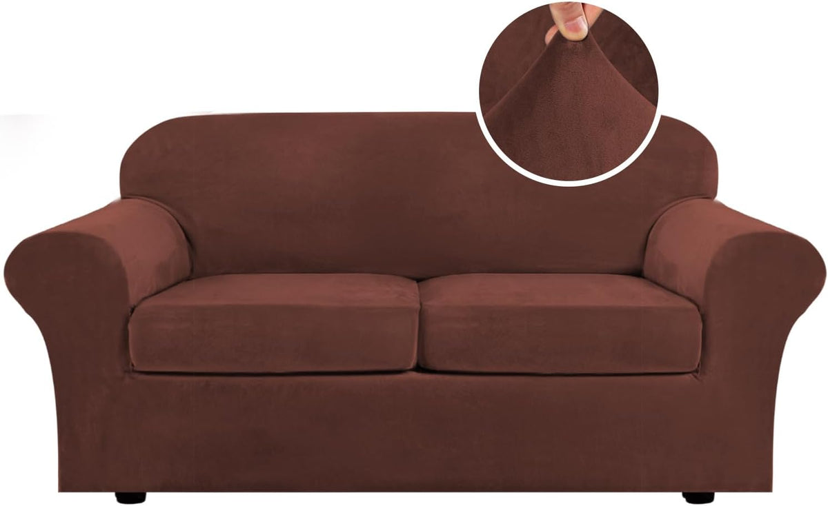 Front view of a two-seat sofa in rich brown velvet slipcover with a round inset highlighting the plush fabric texture.