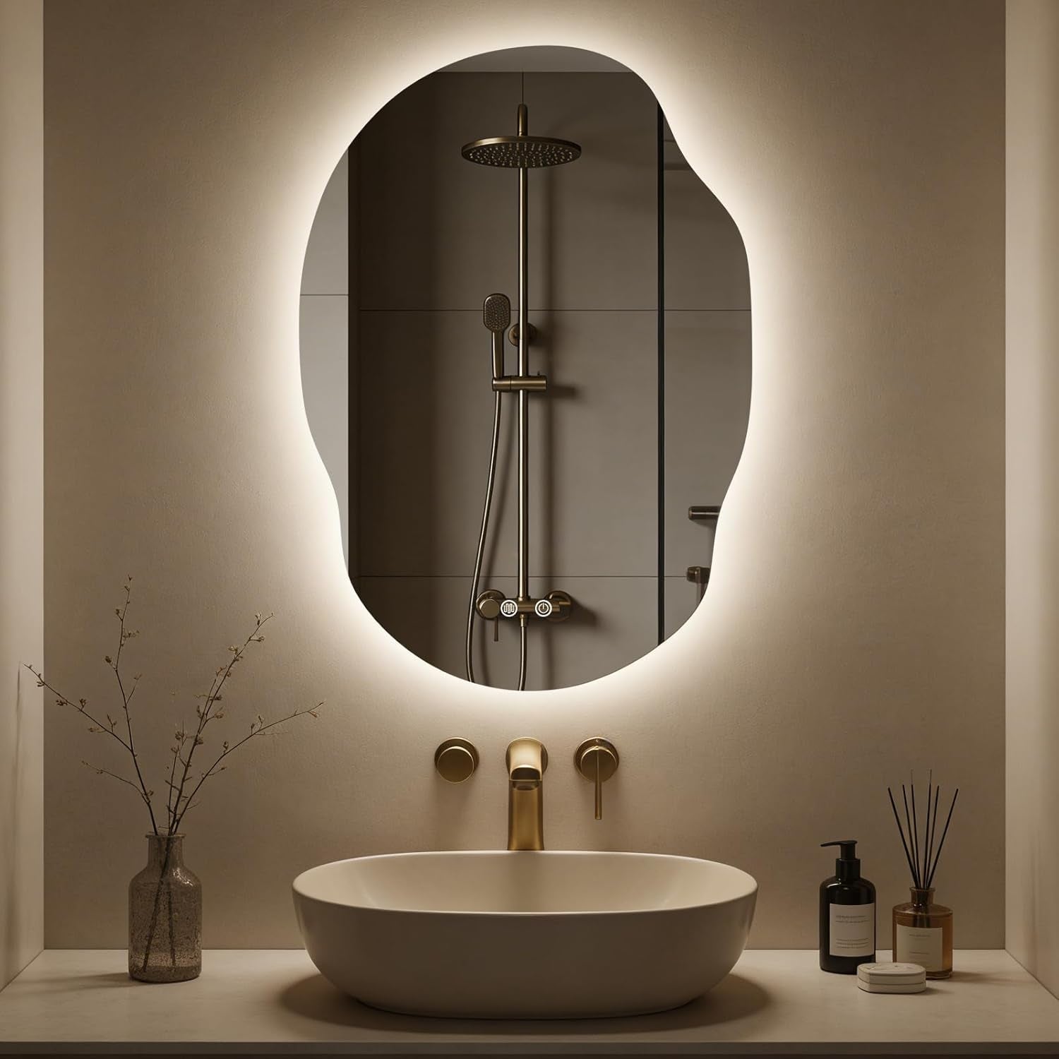 Close frontal view of organic LED backlit mirror over basin showing warm halo backlighting and touch control icons