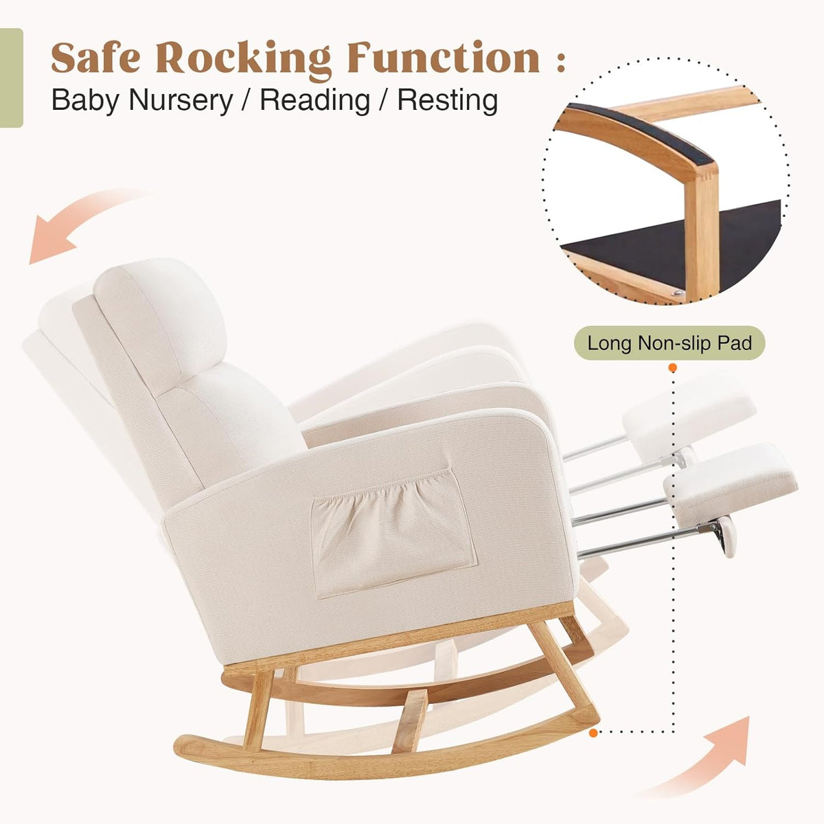 Side view illustration of the beige rocking chair showing reclining positions and a close-up of a non-slip pad on the rocker.