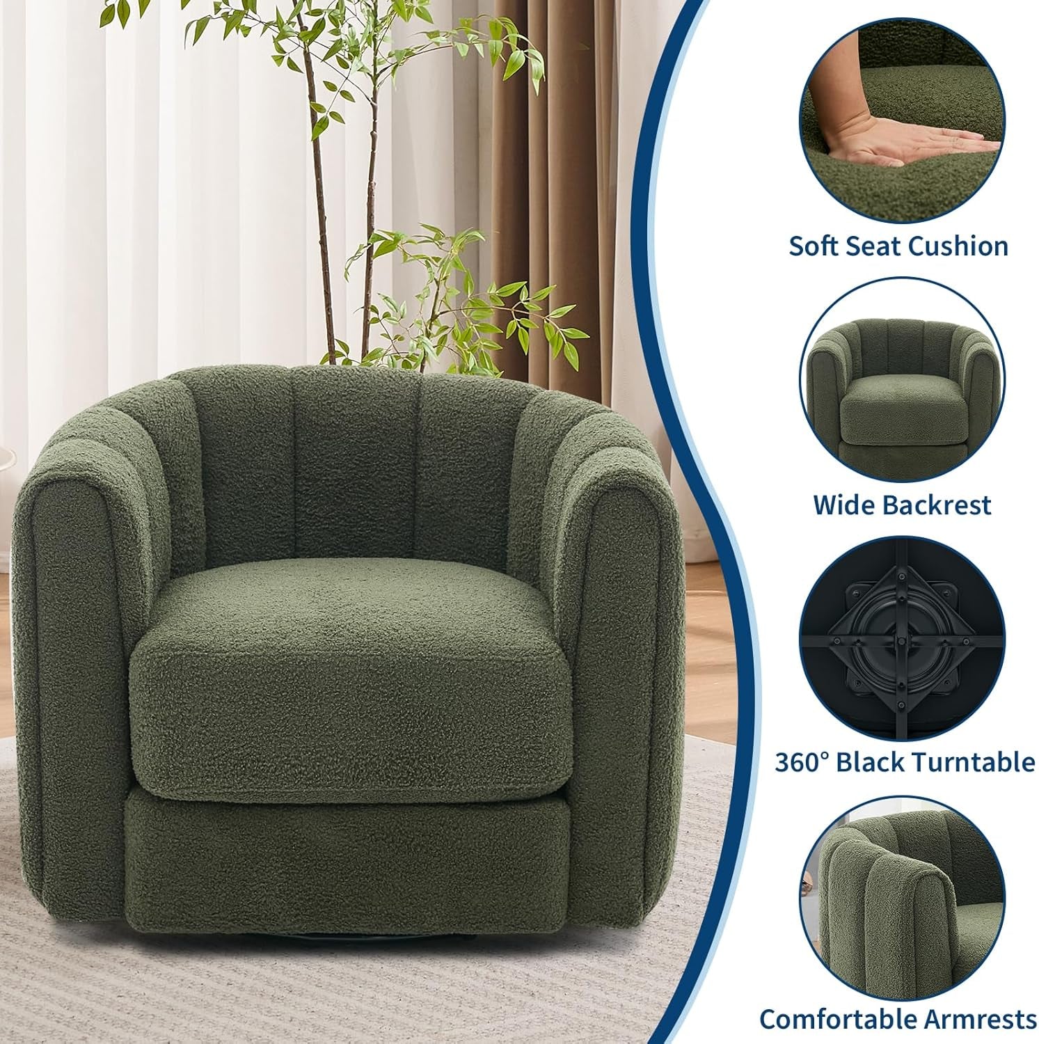Front view of a green teddy fleece swivel chair showing cushioned seat and rounded back.