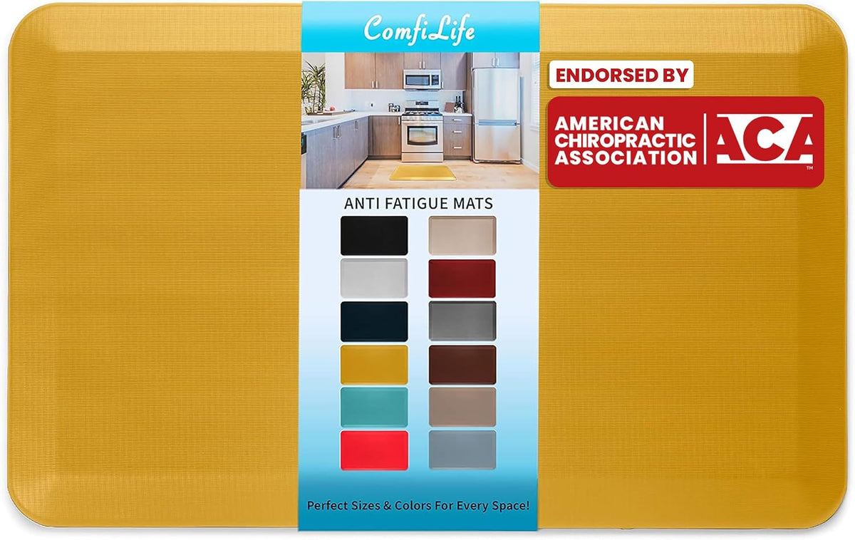 Mustard yellow rectangular anti-fatigue mat with a vertical product band showing other color choices and logo