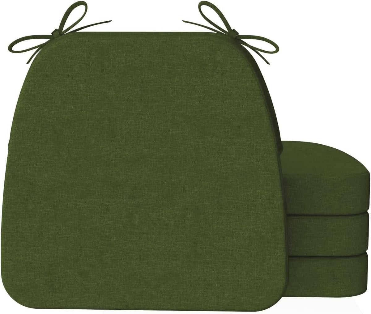 Front cushion with three matching cushions stacked behind in a deep olive-green fabric with ties.
