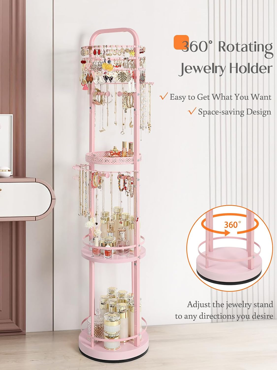 Tall pink rotating jewelry organizer straight-on view with 360° rotation icon and two open shelves