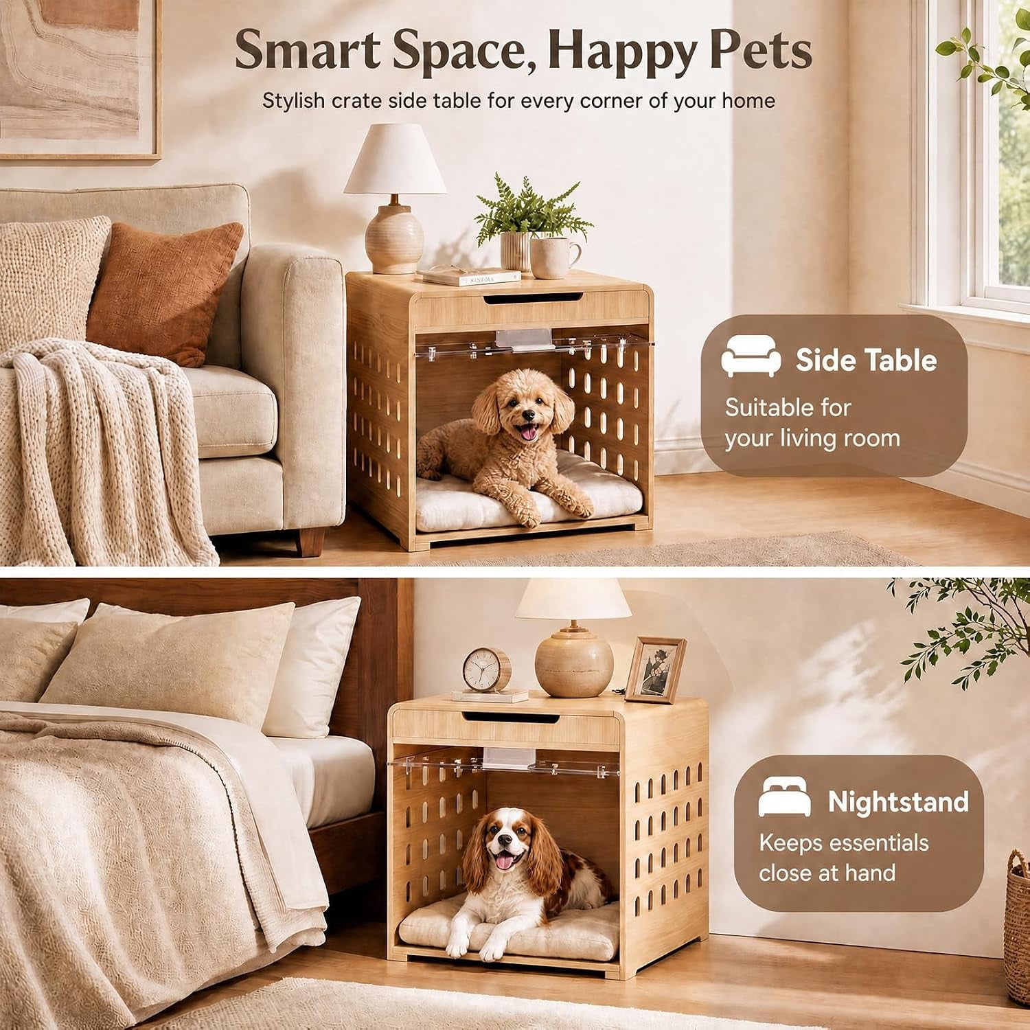 Oak dog crate end table styled beside a sofa and as a bedroom nightstand showing a dog inside and tabletop decor