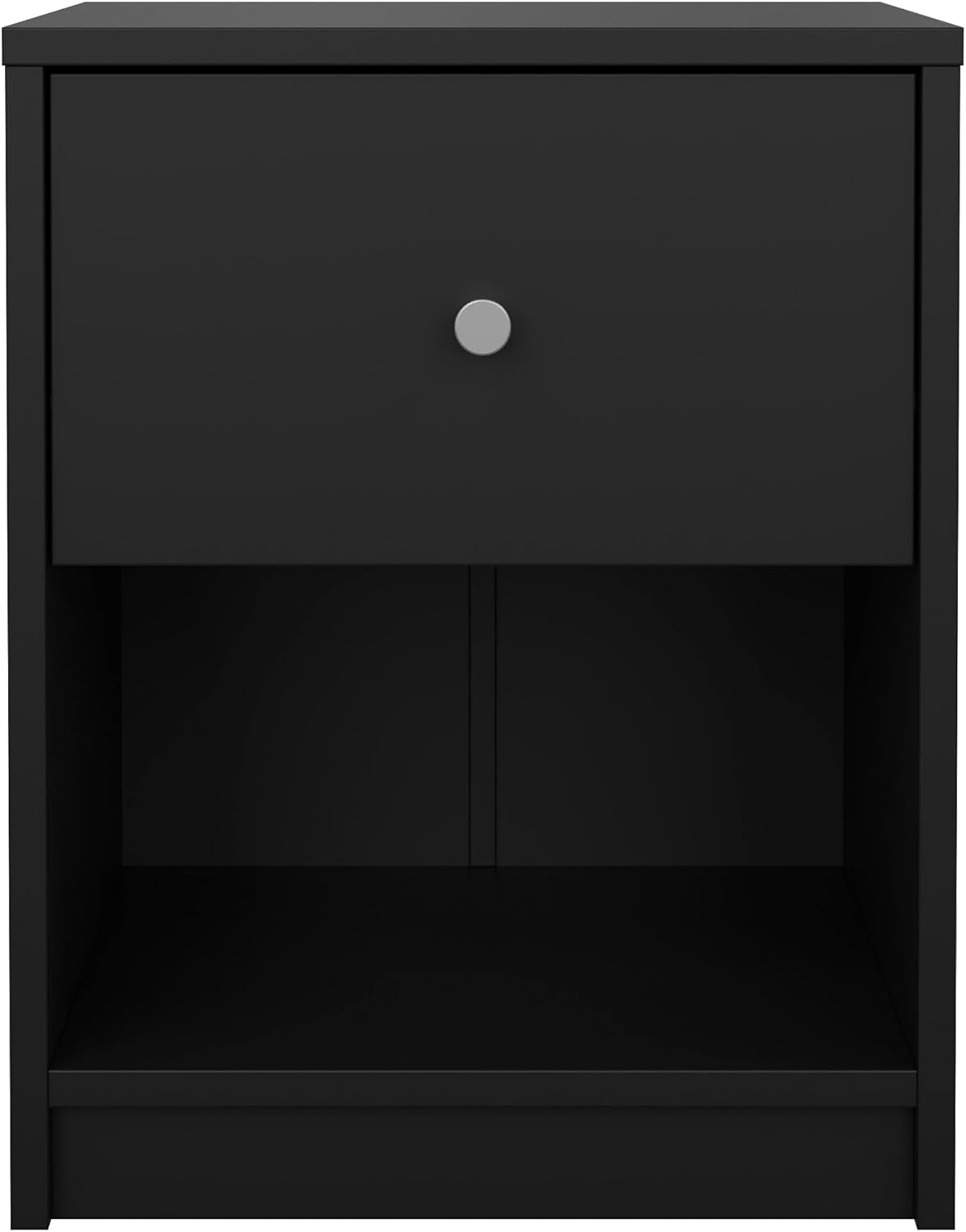 Front view close-up of a black nightstand showing the open shelf and single drawer with a pewter-colored knob