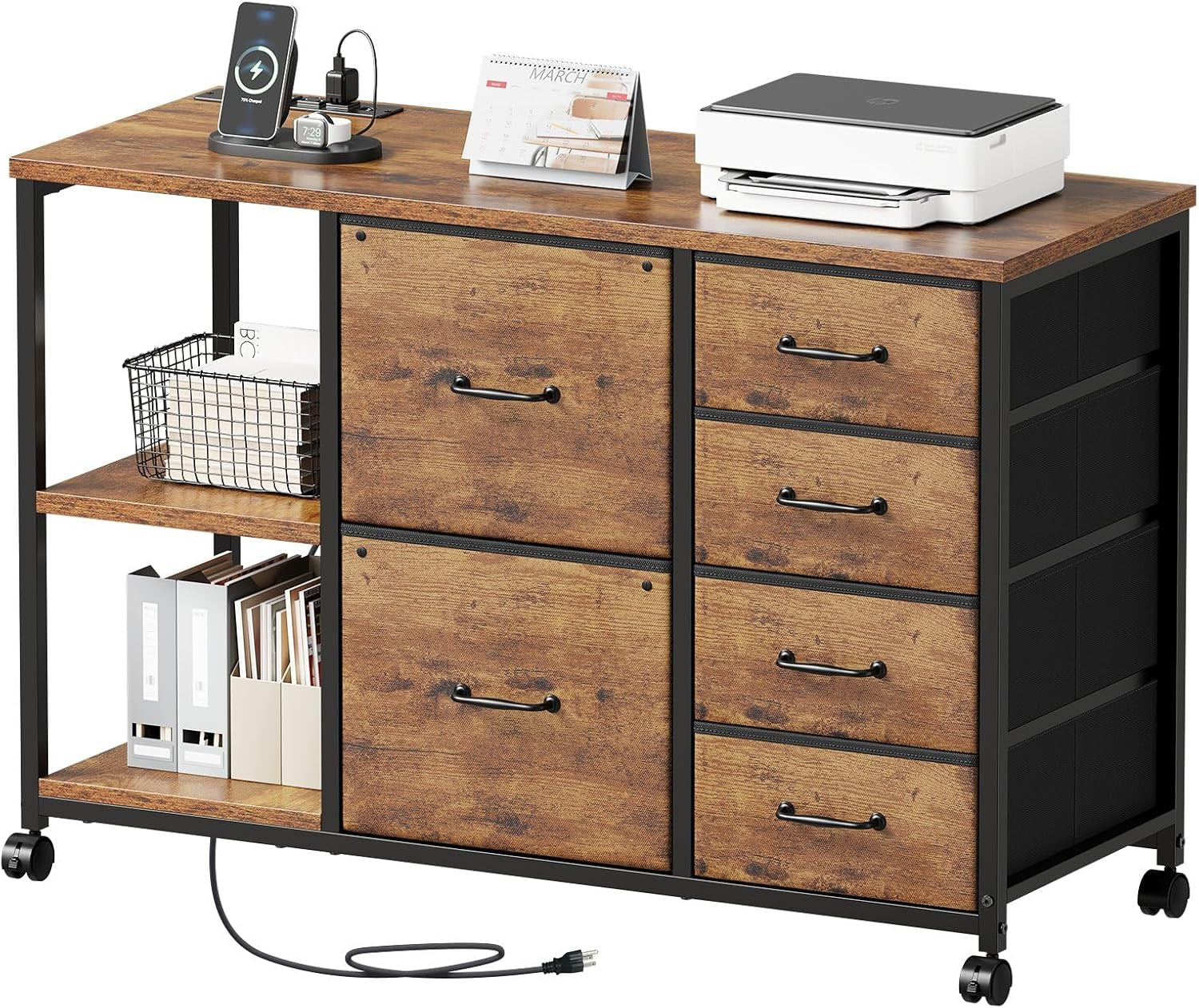 Brown wood-finish rolling file cabinet with six fabric drawers, open shelves and visible power cord, angled front view