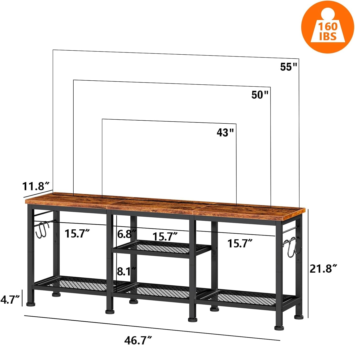 Line drawing of console with dimensional callouts showing 46.7" width, 21.8" height and 11.8" top depth
