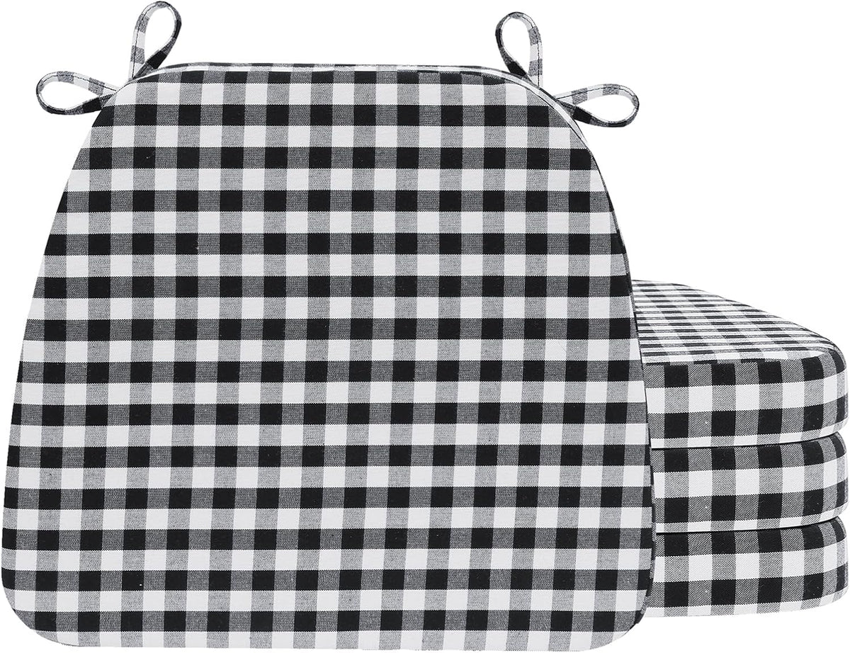 Front-facing black-and-white gingham D-shaped cushion with three matching cushions stacked to the side.