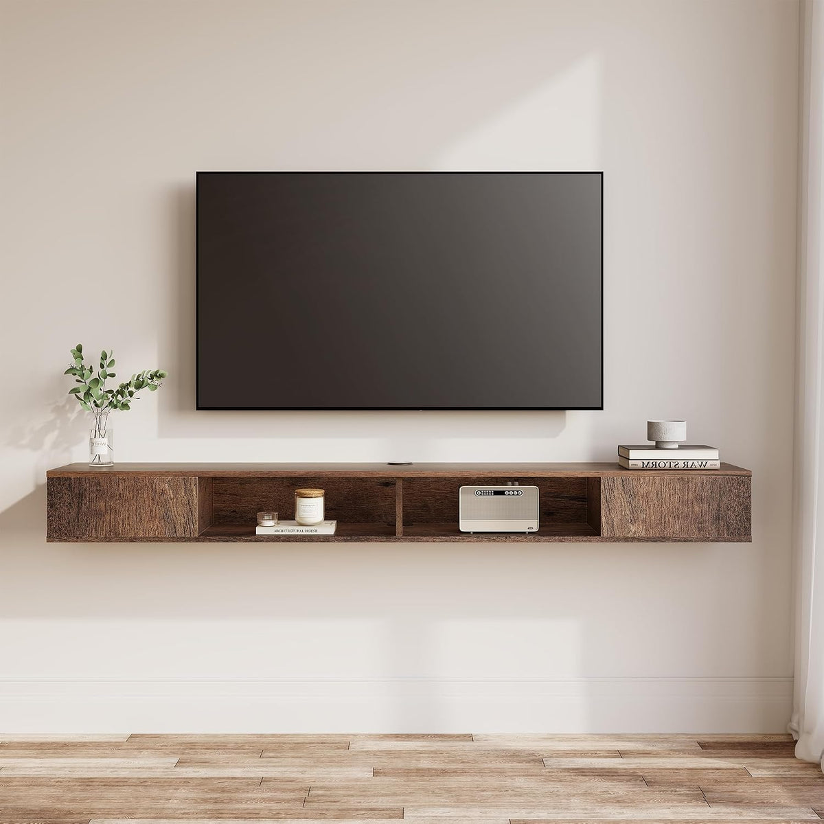Brown floating TV console shown straight on beneath a television