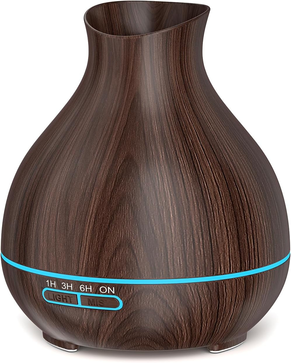 Single dark walnut wood-grain diffuser with illuminated blue trim, front-facing detail view.