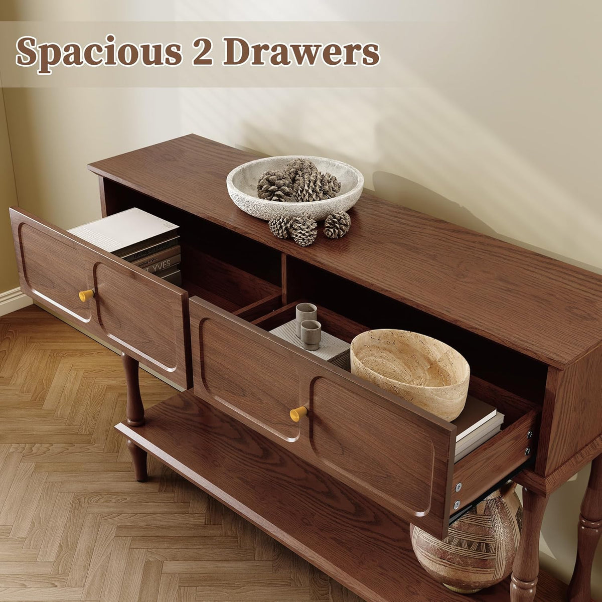 Top-down view of both drawers open showing internal compartments and storage space