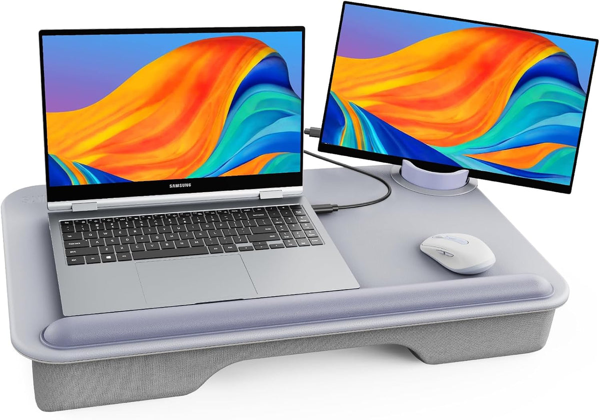 Light gray lap desk with laptop, mouse and phone docked, top surface and wrist pad shown