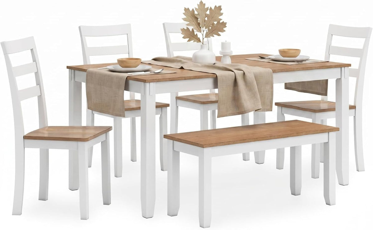 Two-tone dining set with white painted base and natural mango veneer tops, angled front view showing table, four chairs and a