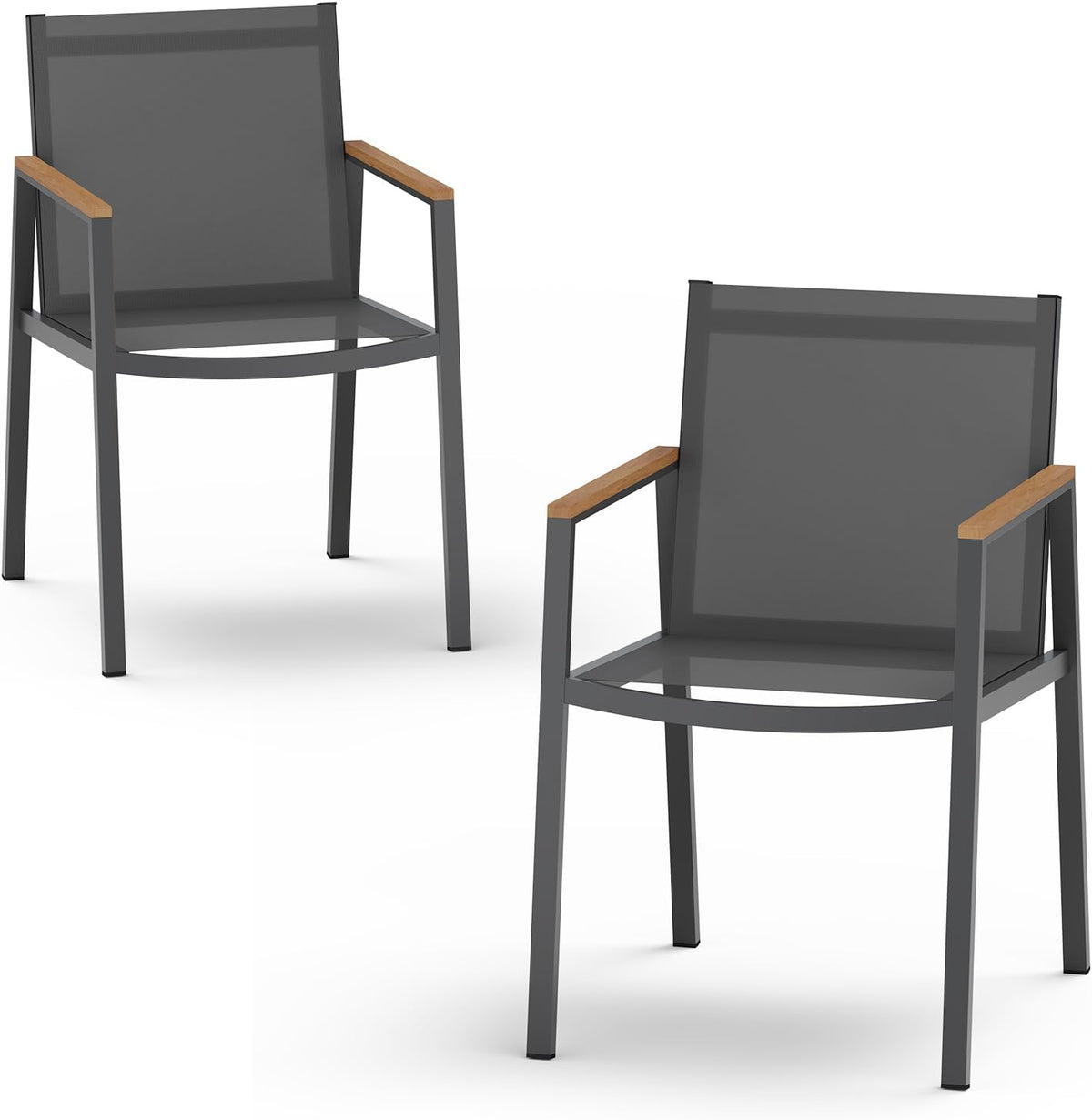 Two dark-gray outdoor armchairs with mesh seats and wood-look arm caps on a white background.