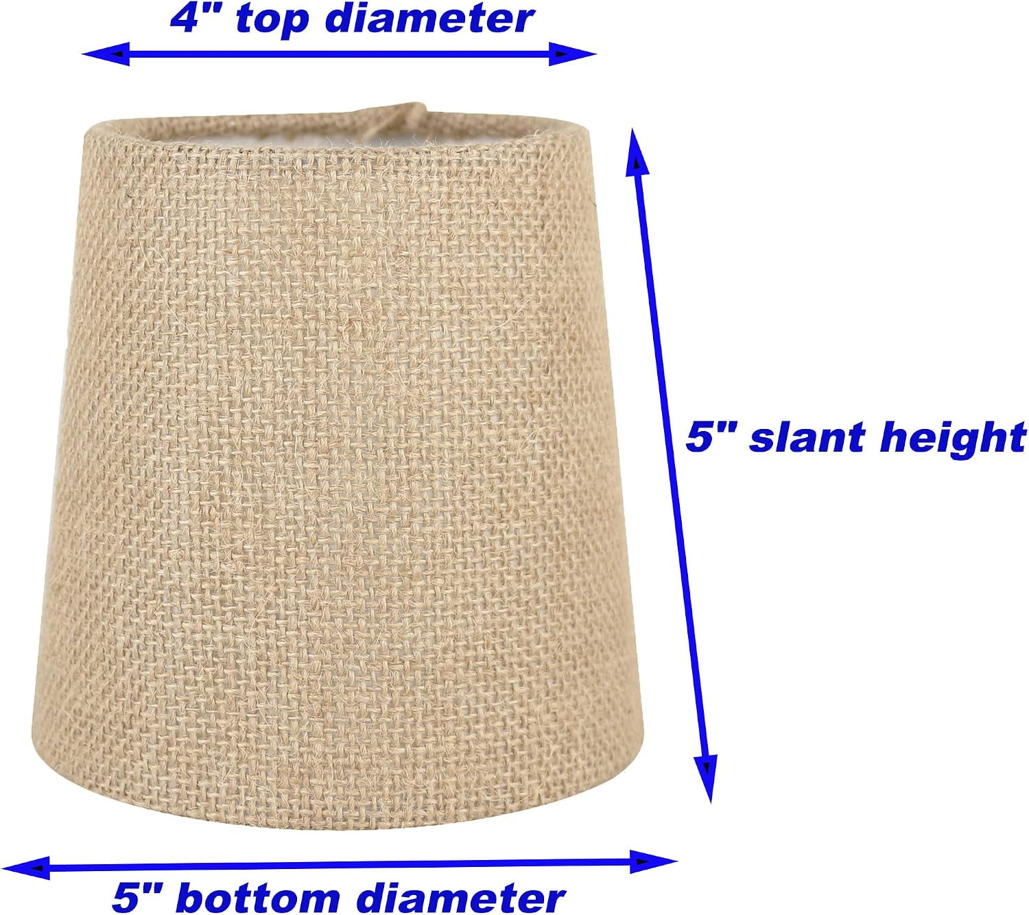 Single burlap shade with blue measurement arrows indicating 4in top, 5in bottom and 5in slant height