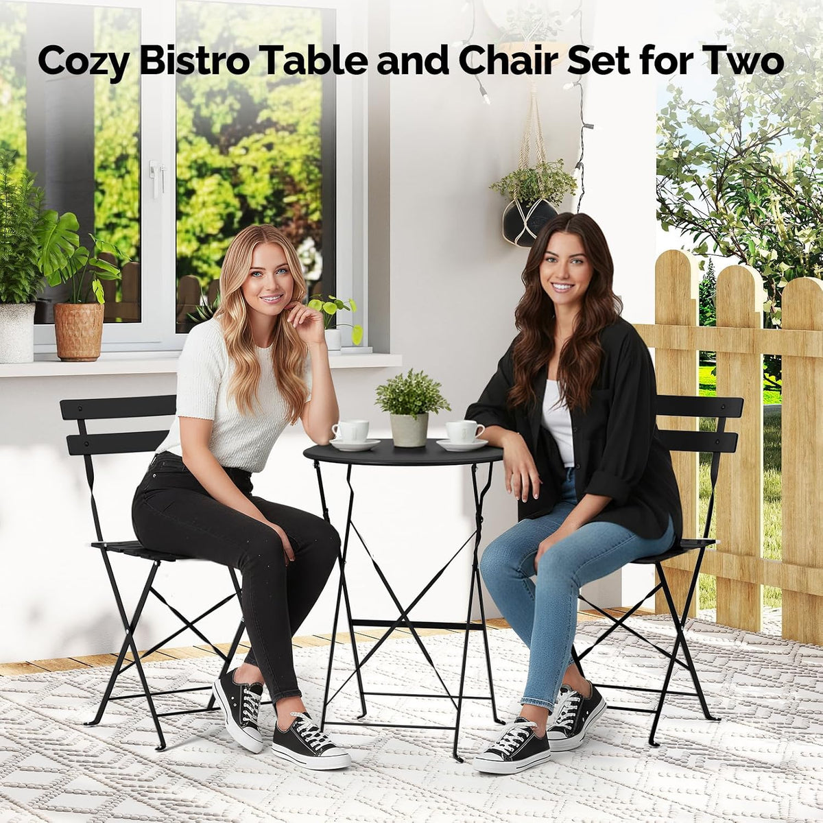 Black bistro set with two people seated at the table in a patio-style lifestyle setting