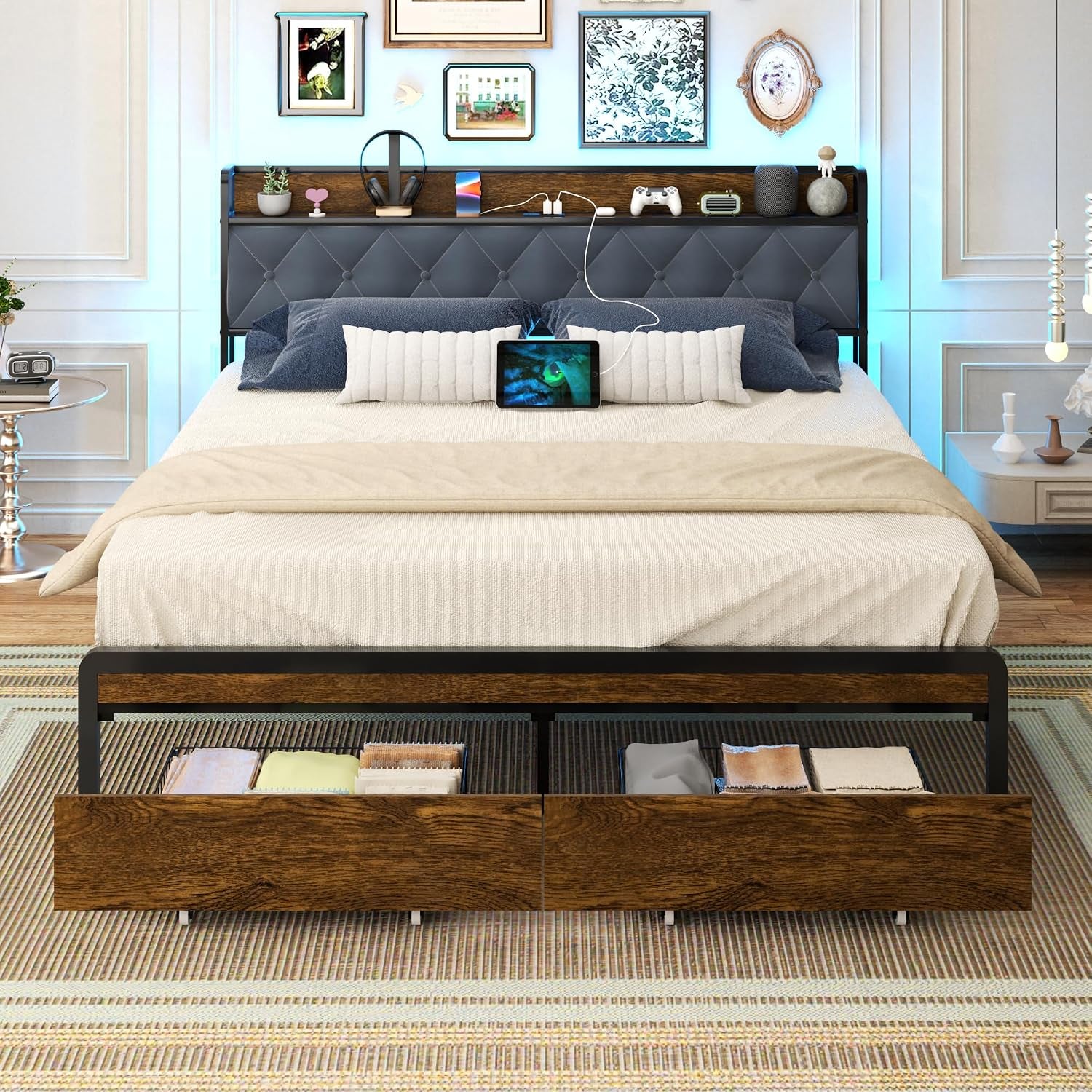 Front-facing view of the bed showing tufted gray headboard, LED backlighting and two wood storage drawers pulled out.