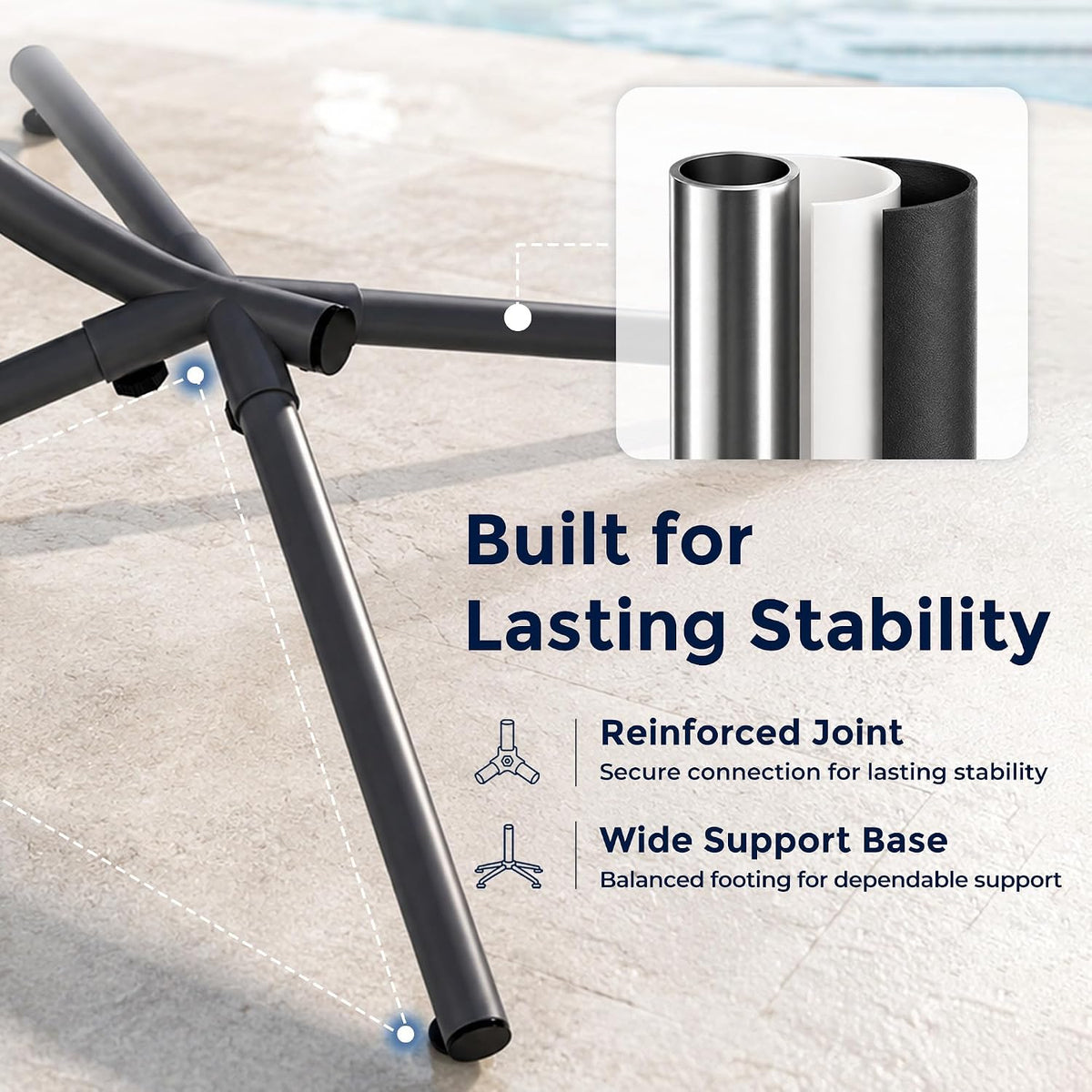 Close-up of powder-coated steel base and reinforced joint highlighting the wide anti-tip support