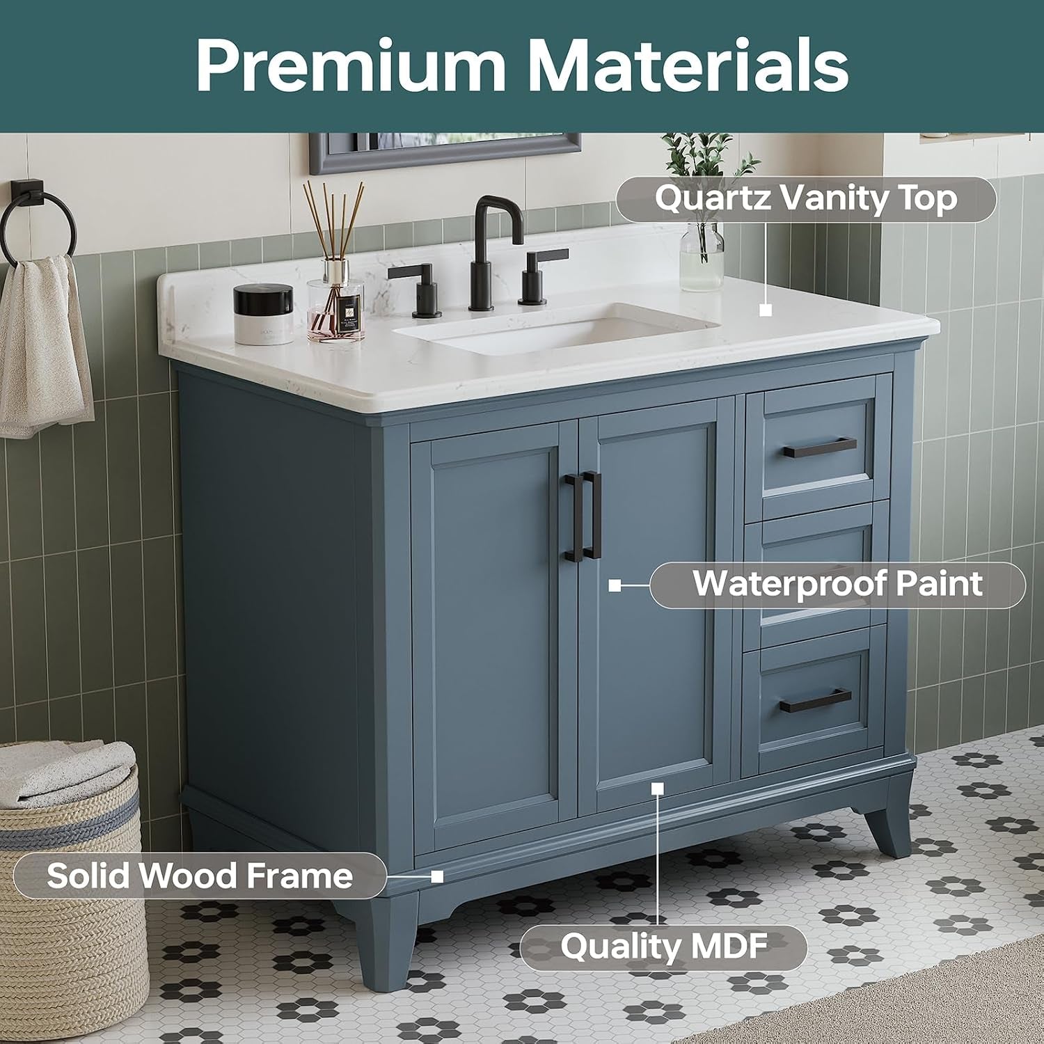 Three-quarter angled view of steel blue vanity highlighting the white quartz top and painted cabinet finish