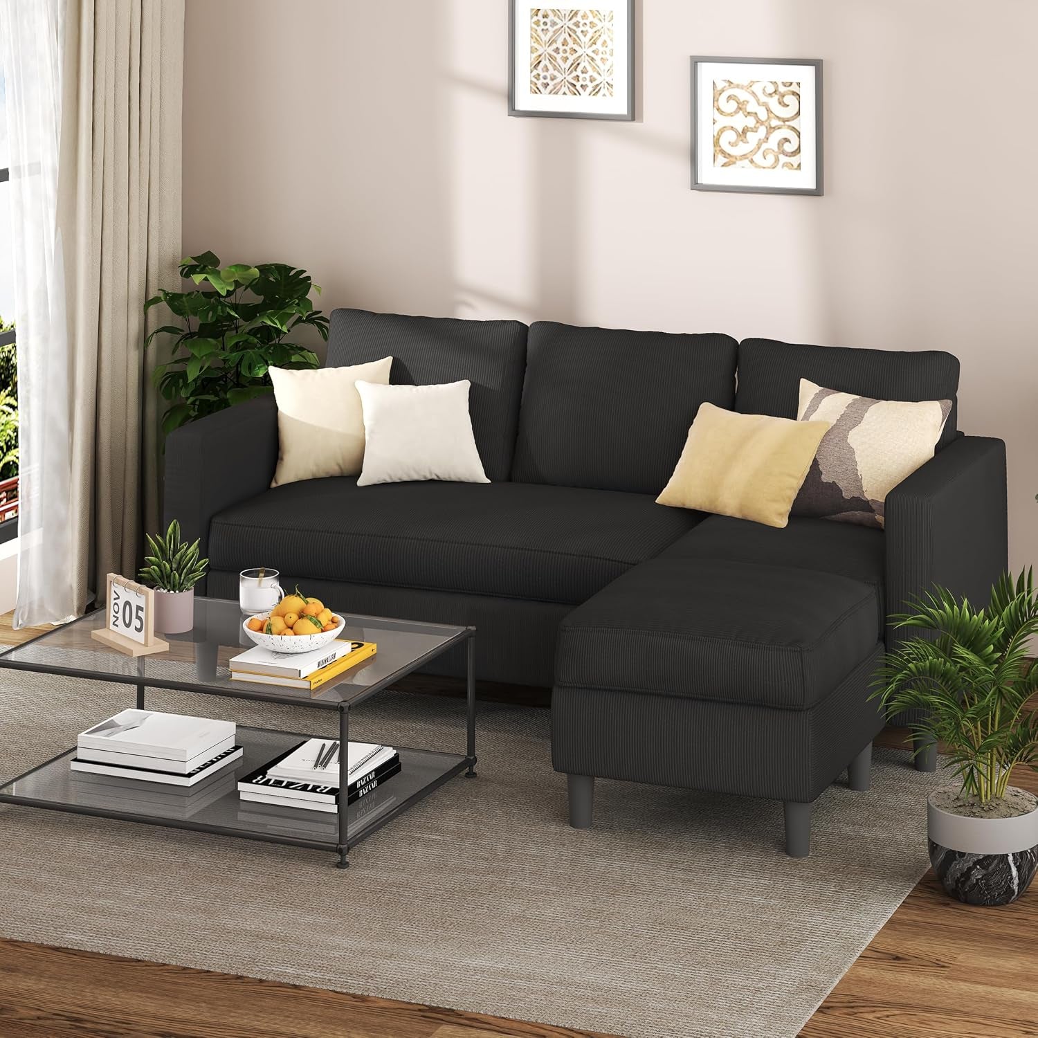 L Shaped Sectional Sofa Couch,Convertible Modular Sofas with Movable Ottoman,3-Seat Upholstered Corduroy Couch,Small Couches for Living Room,Apartment,Office(Black)