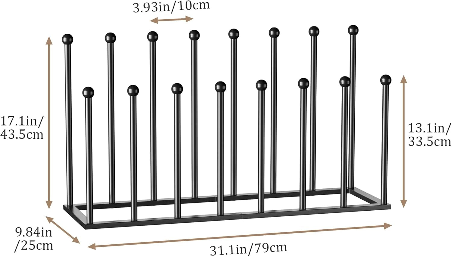 Dimension illustration showing rack length 31.1 in (79 cm), width 9.84 in (25 cm), and pole heights 17.1 in and 13.1 in