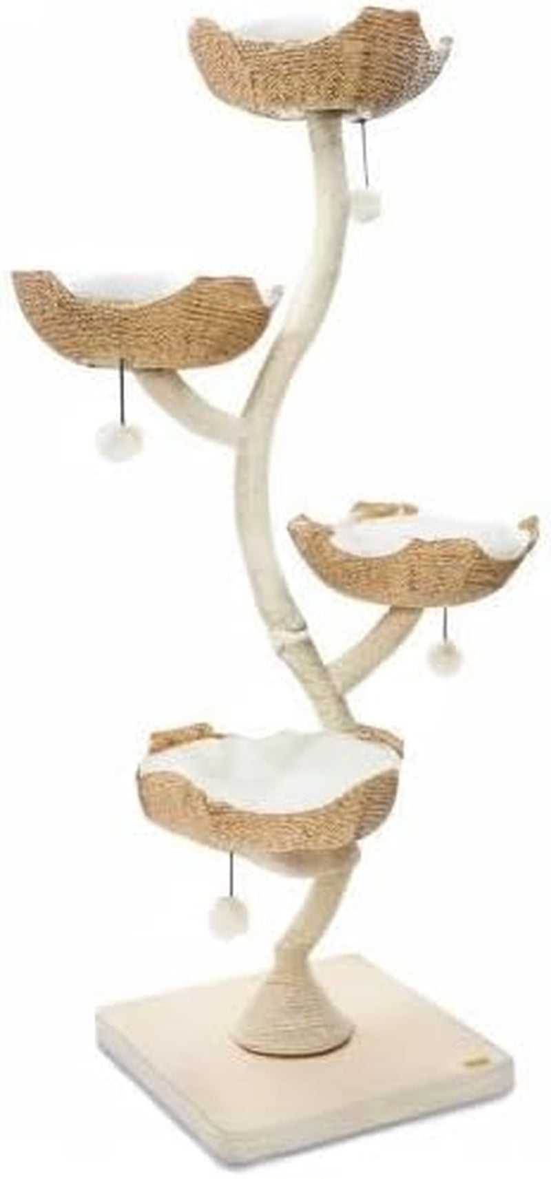 Slightly zoomed full view of the same four-tier cat tree showing stacked woven beds and plush cushions.