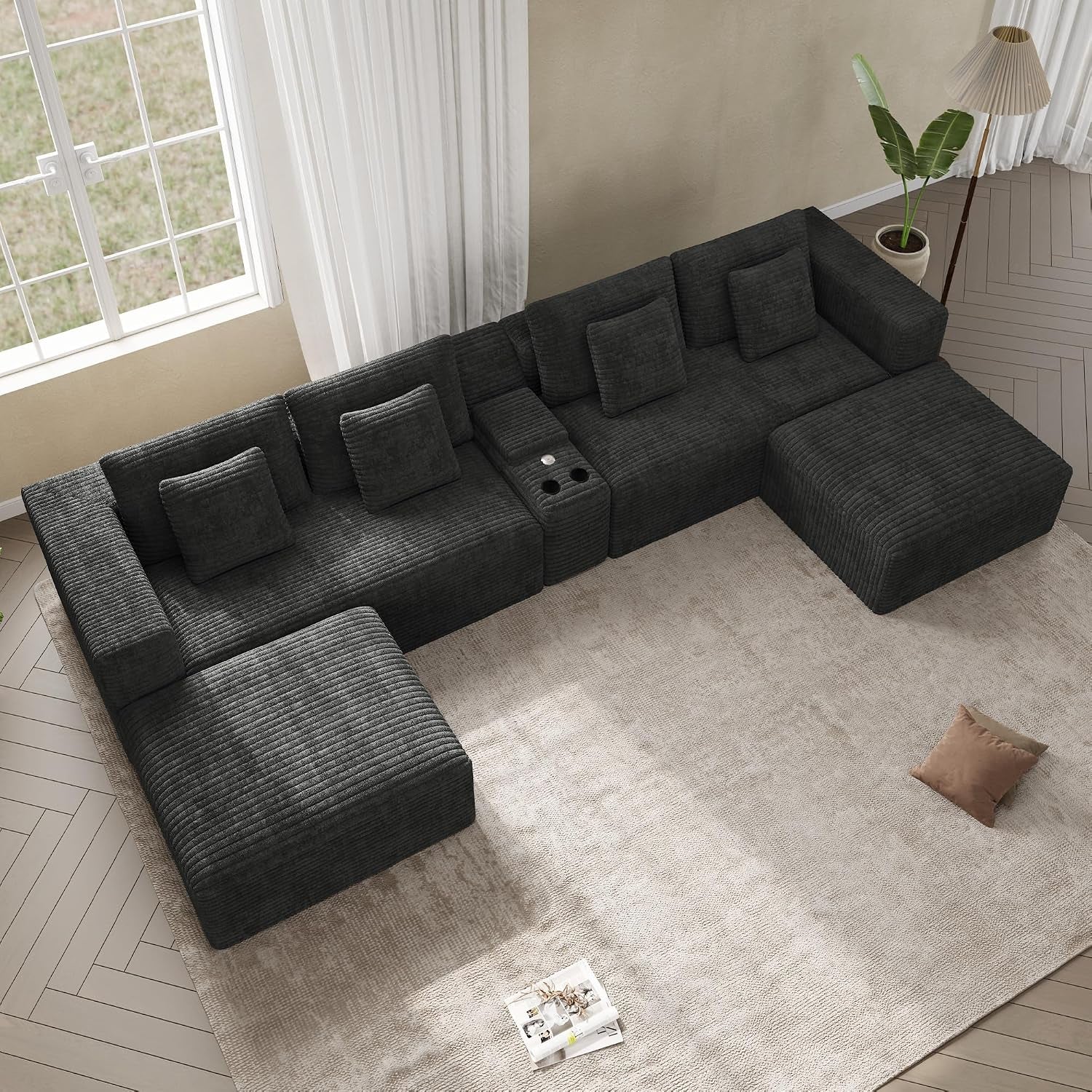 ONEMMLION 96" L-Shaped Cloud Boneless Couch Sofa with Chaise, Beige White | Corduroy Comfy Fluffy Modular Deep Seat Memory Foam Compressed Sectional Sofa for Living Room Oversized Left Facing Chaise